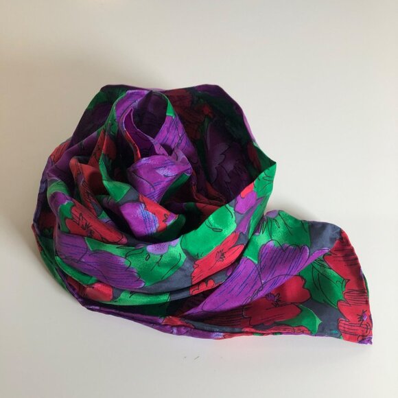 Honors Silk Scarf Purple Red Green Floral 11 x 58 inches Bold Vibrant Accessory - Picture 7 of 7